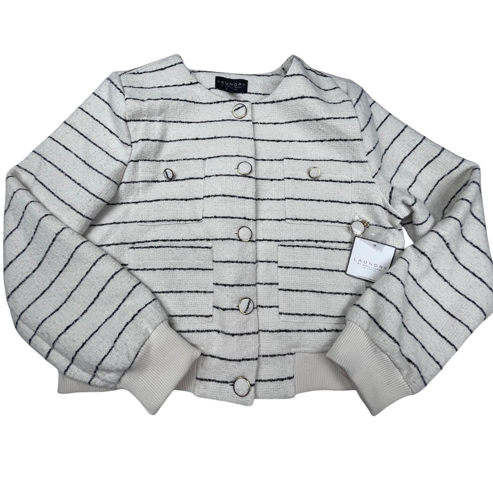 Laundry by Shelli Segal Women Striped Tweed Bomber Jacket Cream Black L1WS5017 L